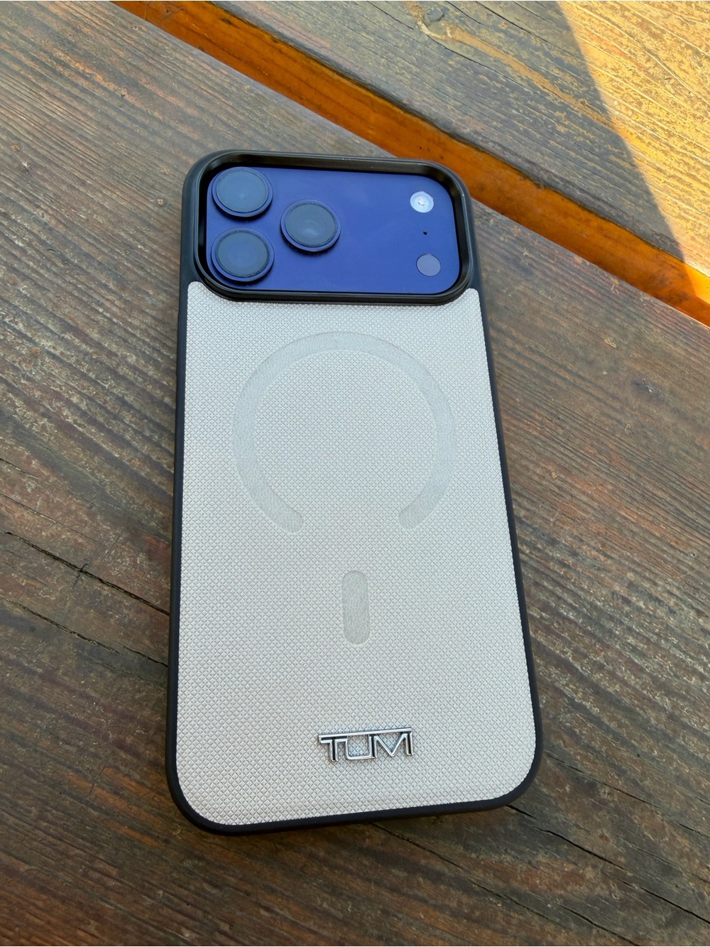 Tumi Bone White Textured Genuine Leather Magnetic iPhone Case with Black Trim